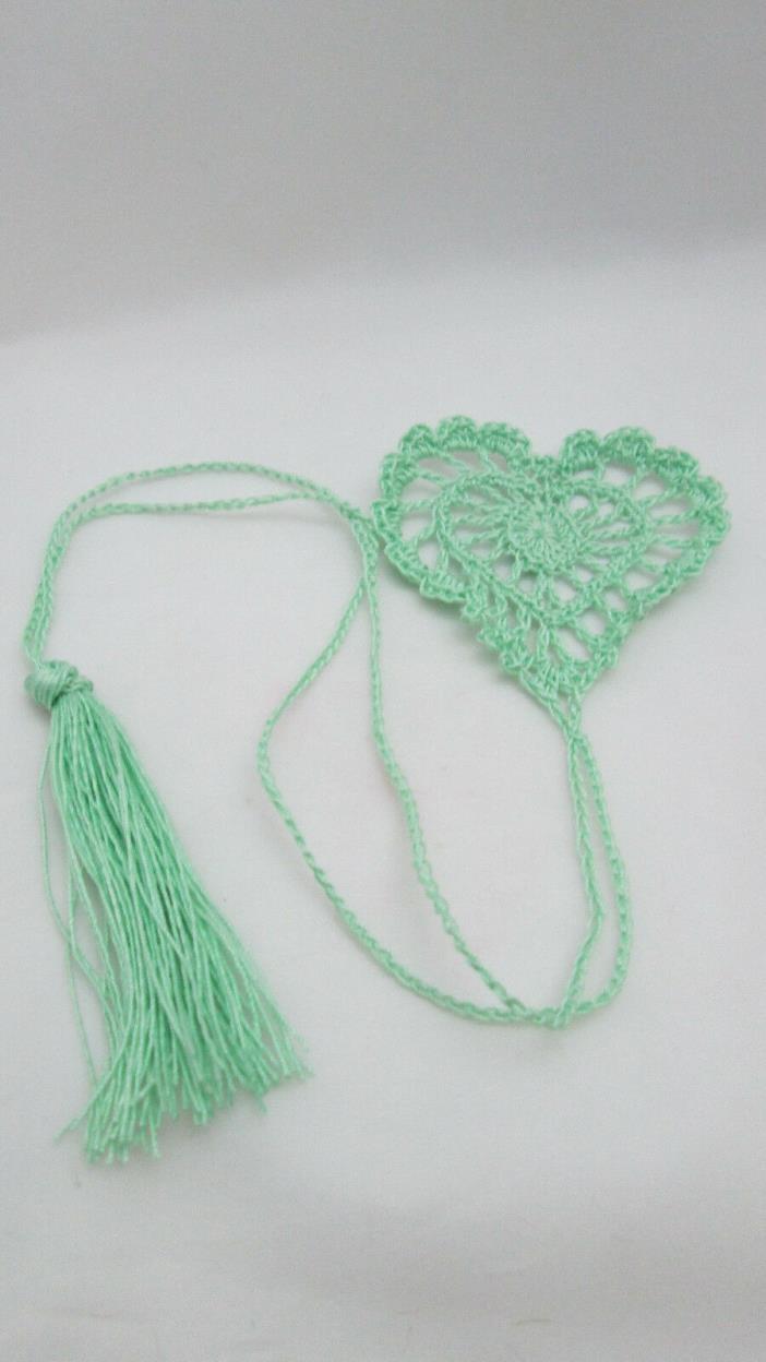 Handmade crocheted Heart Bookmark with extra long tail -  Light Green