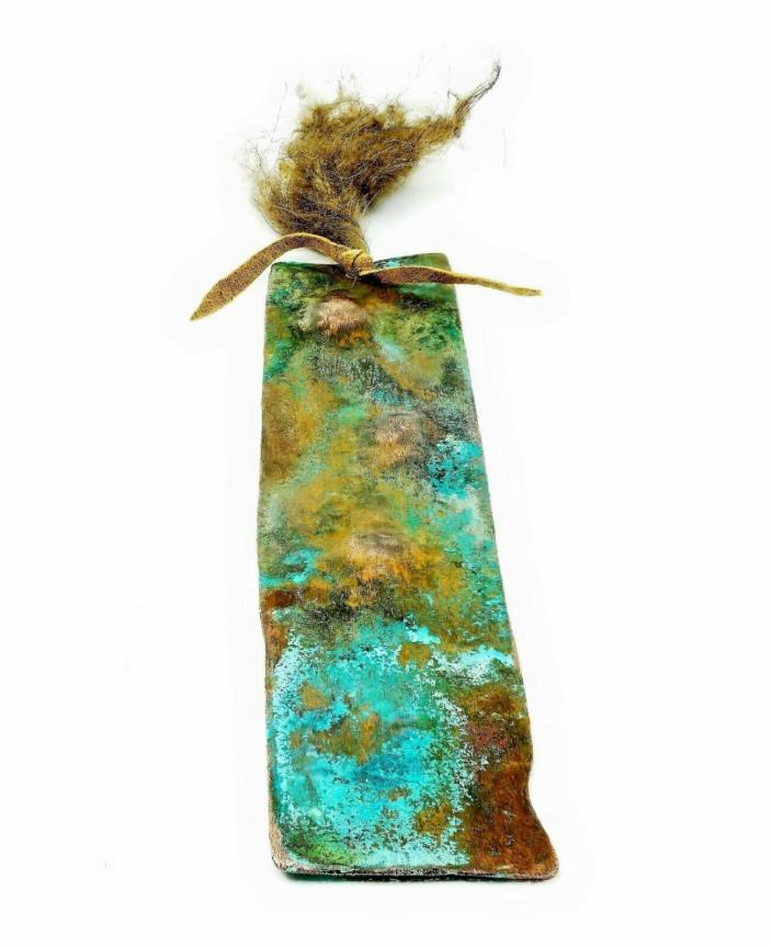 Hand Forged Artisan Copper Bookmark Leather, Bison Hair,  Patina 6