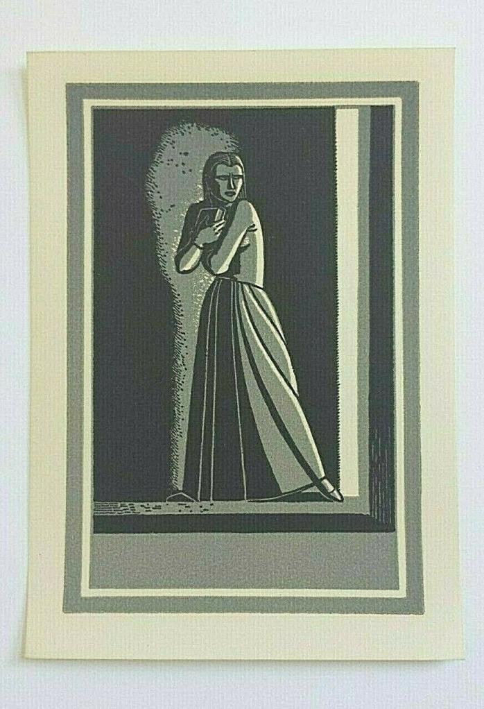 Vintage Rockwell Kent Bookplate Unused Antioch Co. Woman Clutching Book Mint