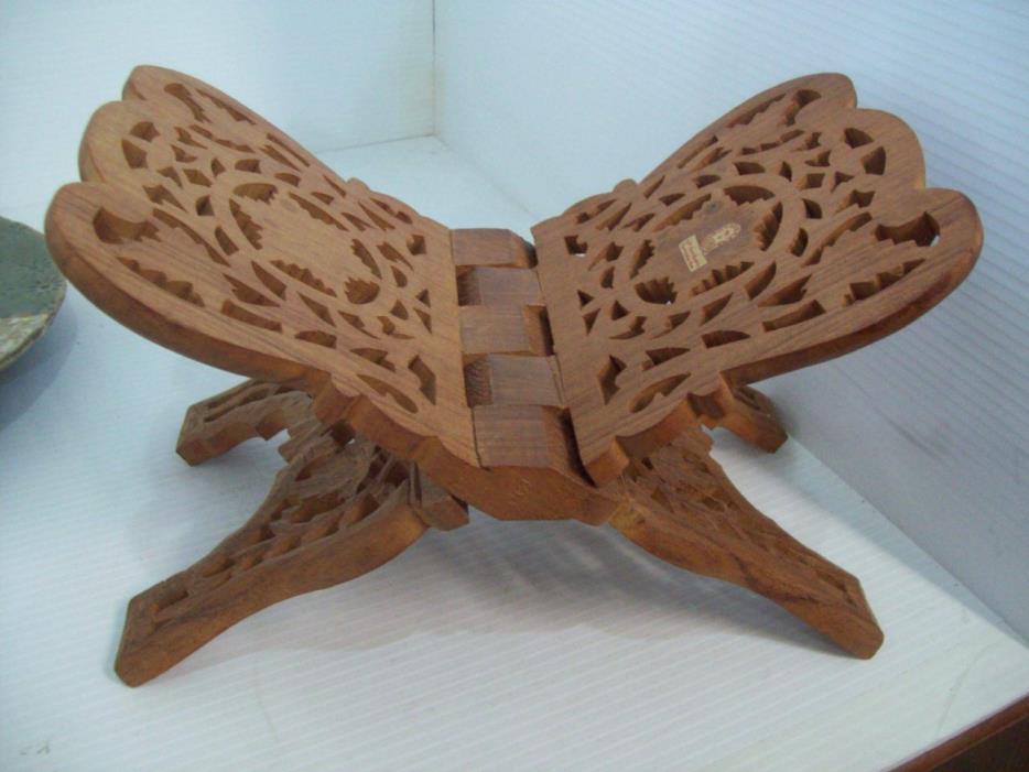 Vintage Detailed Hand Carved Wooden Book Stand Holder Bible Tabletop Display  B1