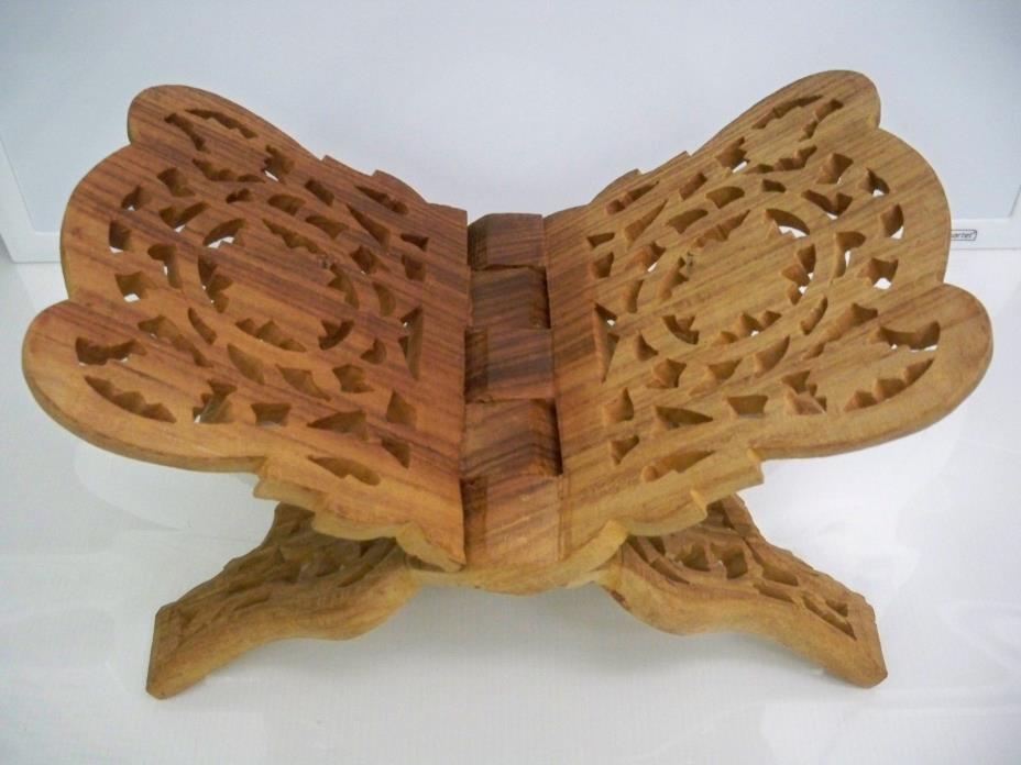 VINTAGE HANDCARVED BOOK STAND HOLDER FOLDS TO FLAT LEAVES FLOWERS CARVED WOOD IN
