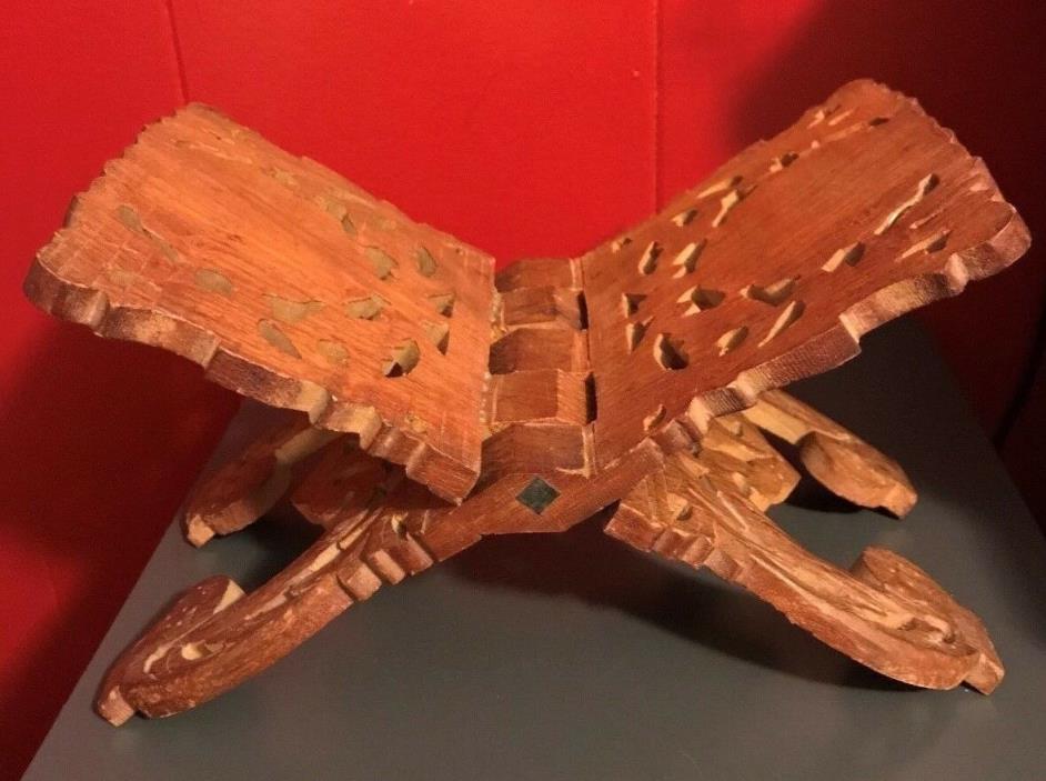 Ornate Carved Wood BOOK HOLDER Vtg Folding BIBLE Cookbook STAND INDIA