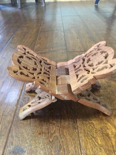 Hand Carved Wood Teak Kitchen Cookbook or Bible Holder Stand Cradle Made India