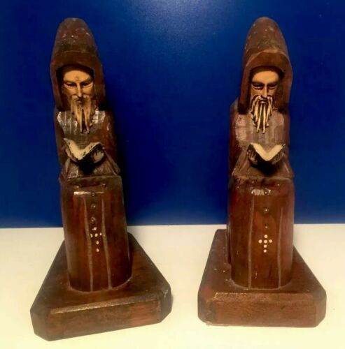 Set Book End Carved Wood Priest Desk Stand Monk Church Figure Figurine