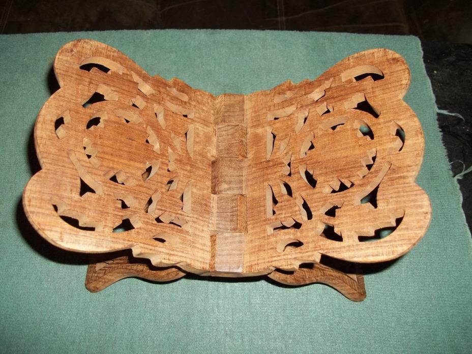 Vtg Detailed Hand Carved Wooden Book Stand Holder Bible Tabletop Display 12