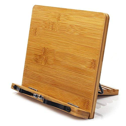 Bamboo Book Stand,HENGSHENG Adjustable Holder Tray and Page Paper Clips-Cookbook