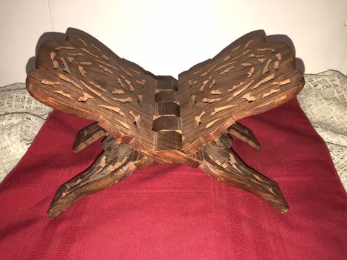 HAND CARVED INDIA INTRICATE WOOD FOLDING HOLDER STAND FOR BIBKE, COOKBOOK