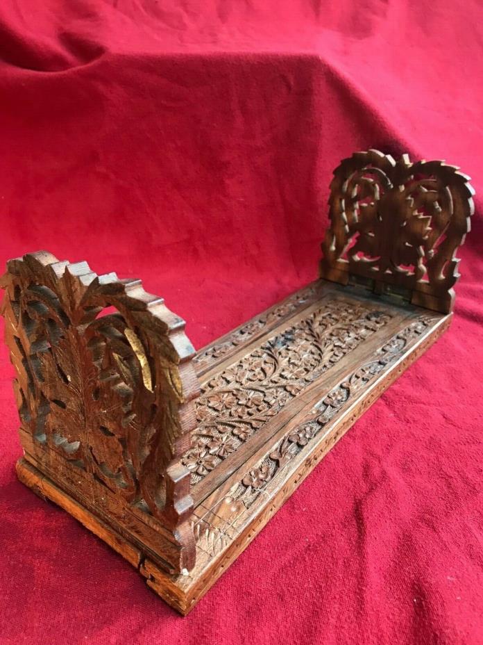 VINTAGE ORNATE INDIA EXPANDABLE CARVED BOOK HOLDER STAND ENDS