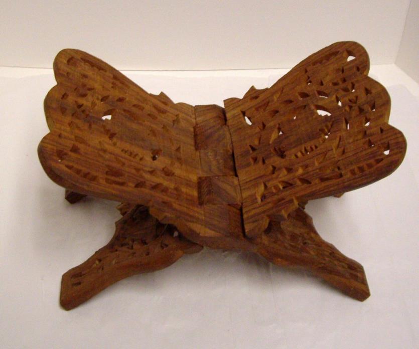 Wood Folding Book Stand Bible Holder Hand Carved Leaf Design India Vintage