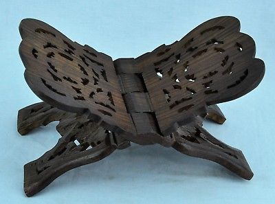 Vintage Bible Display Book Stand Ornate Wood Hand Carved Tabletop Easel. Opened