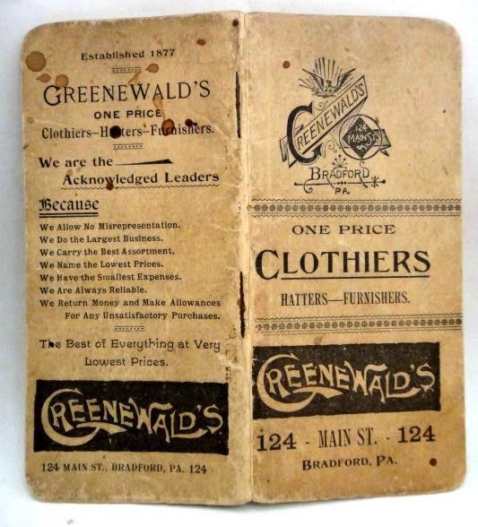 1893 antique GREENWALDS CLOTHIERS CALENDAR JOURNAL BOOK BRADFORD PA