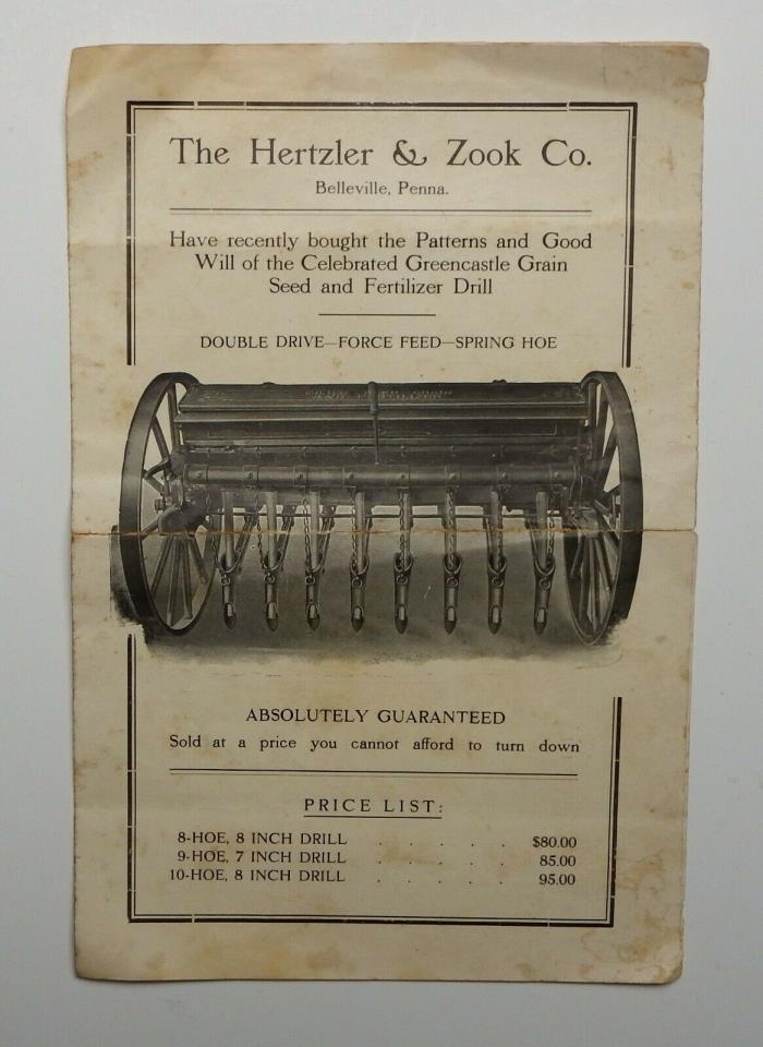 c1890s Hertzler & Zook Co Belleville Pa Grain Seed Drill Agricultural Brochure