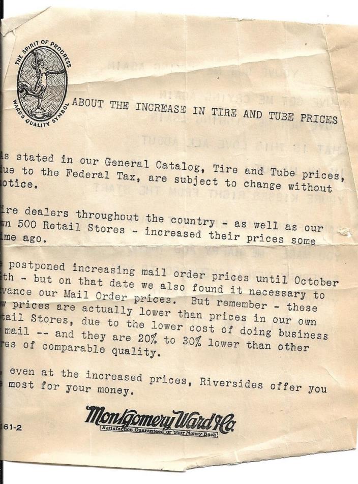 OLD mid century paper,Montgomery Ward,About Increase in TIRE AND tUBE PRICES