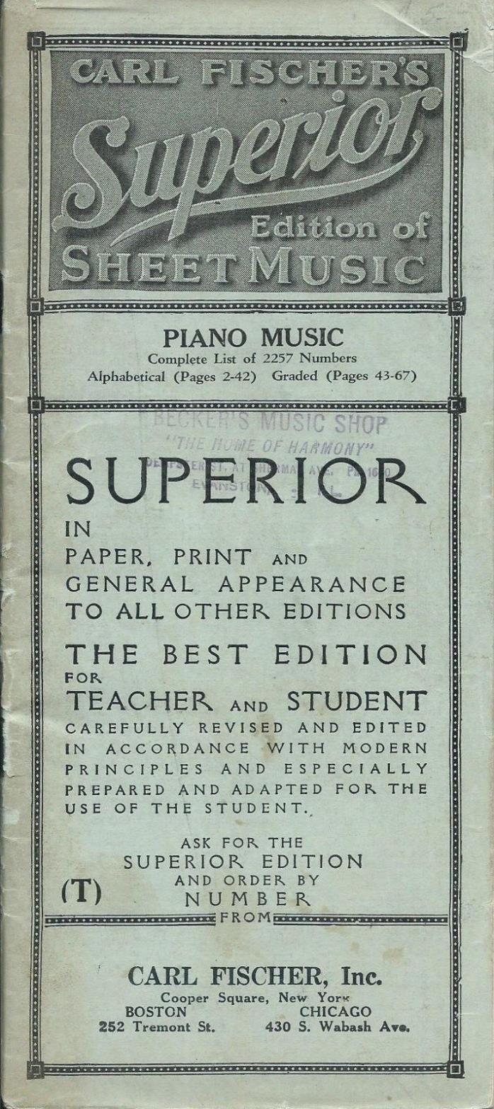Superior Edition Sheet Music Catalog of 68 pages Carl Fisher. Piano Music List.
