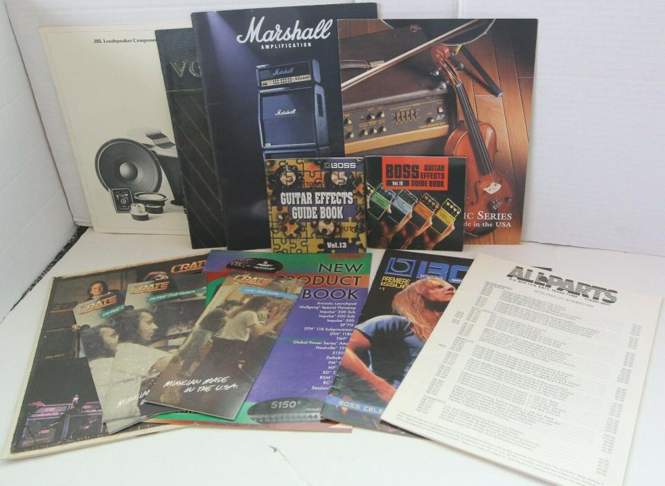 13 catalogs, Boss pedals, Marshall amps, Crate, Vox, Peavey, JBL, Allparts