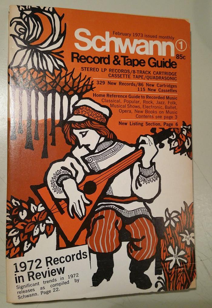 Feb 1973 Schwann record & tape guide, LP, 8 track, cassette