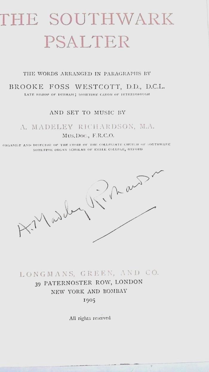 Vintage 1905 The Southwark Psalter Wescott Richardson SIGNED COPY Longmans