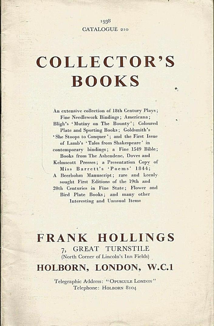 Frank Hollings, London Catalogue #210 - Collector's Books (1938)