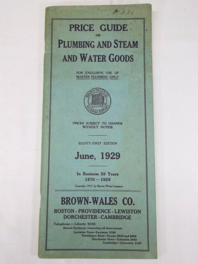 VTG 1929 Brown-Wales Co Plumbing & Steam & Water Goods Price Guide Catalog