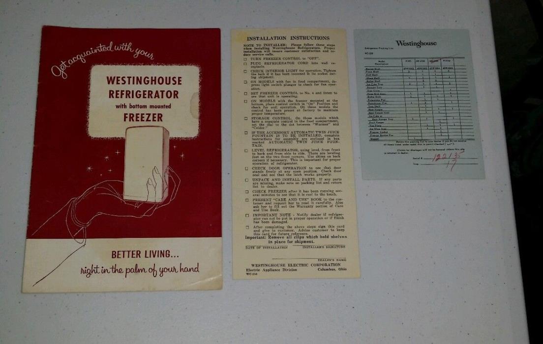 1955 WESTINGHOUSE Bottom Mounted Freezer REFRIGERATOR Care Use Guide + Ephemera