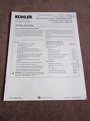 Kohler Installation Instructions Manual ONLY Wellworth Reverse Trap Toilet Guide