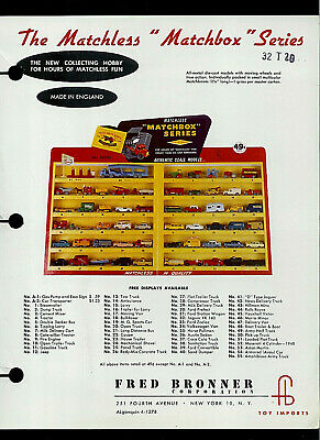 1950's Fred Bronner Matchless Matchbox Series Cars Trucks Dealer Sheet Page