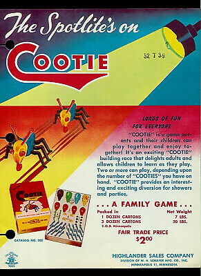 1950's Highlander Schaper Spotlite's On Cootie Family Game Toy Dealer Sheet Page