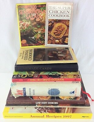 Lot of 10 Cookbooks:   Chicken, Chinese, Casserole, Salads, Candy, Colonial, Joy