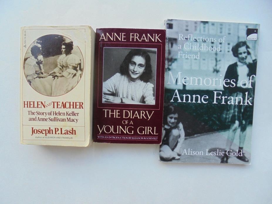 3 Lot Classics Helen Keller Lash + Anne Frank Diary of Young Girl + Memories