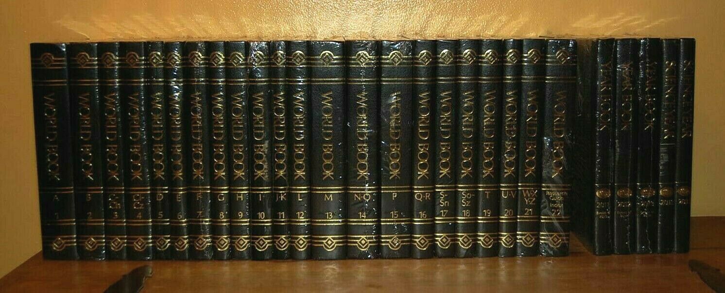 2009 World Book Encyclopedia Book Set Black Gold Embossed + Extras