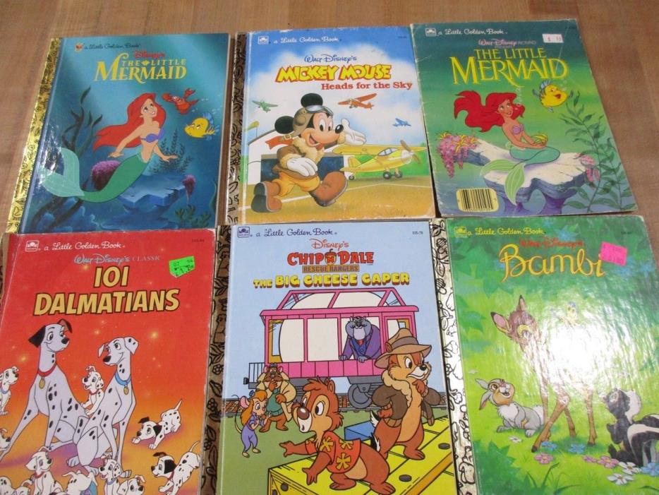 6 Little Golden Books Walt Disney Mermaid Bambi Dalmations Mickey Mouse Chip &