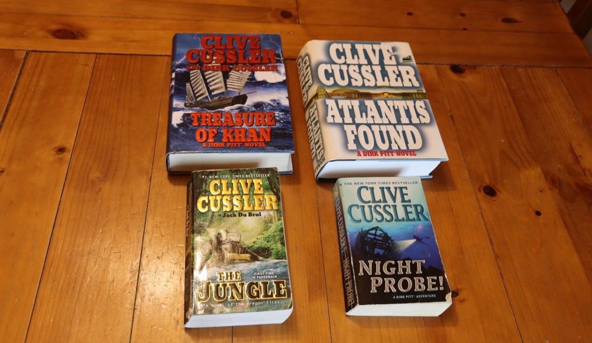 Lot of 4 Clive Cussler Novels 2 Treasure of Khan, Atlantis Found, Jungle