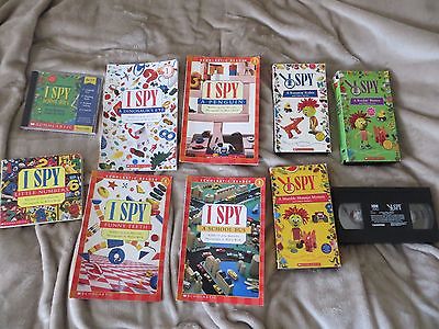 5 I SPY books early reader +4 VHS video tapes Runaway robot, Mumble Mystery game