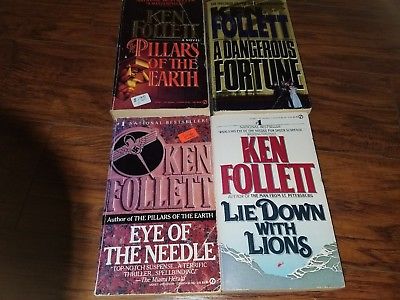 Lot of 4 Ken Follett paperbacks, A Dangerous Fortune, Lie Down With Lions, Eye o