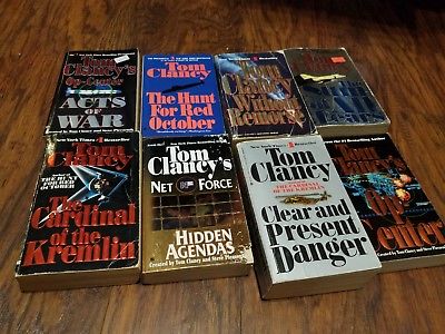 Lot of 8 Tom Clancy paperbacks, Clear and Present Danger, Acts of War, Op-Center