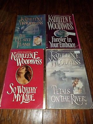 Lot of 4 Kathleen E. Woodiwiss large paperbacks, So Worthy My Love, Petals on th