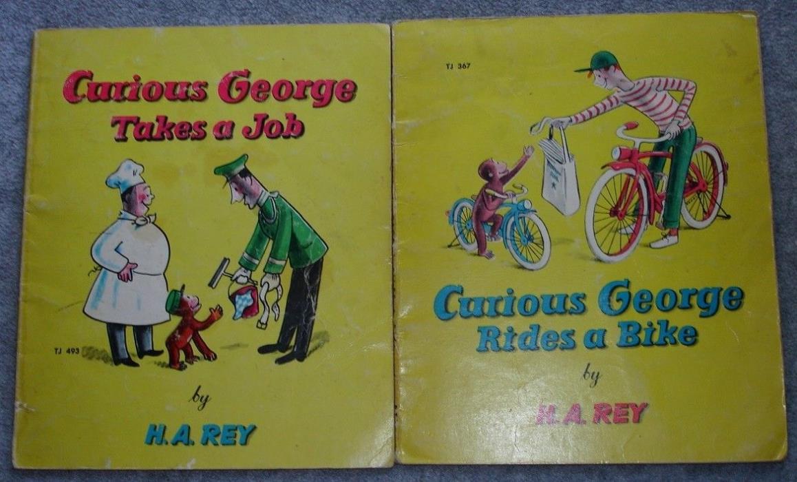 Lot of (2) Vintage Curious George Childrens Books Takes a Job & Rides a Bike