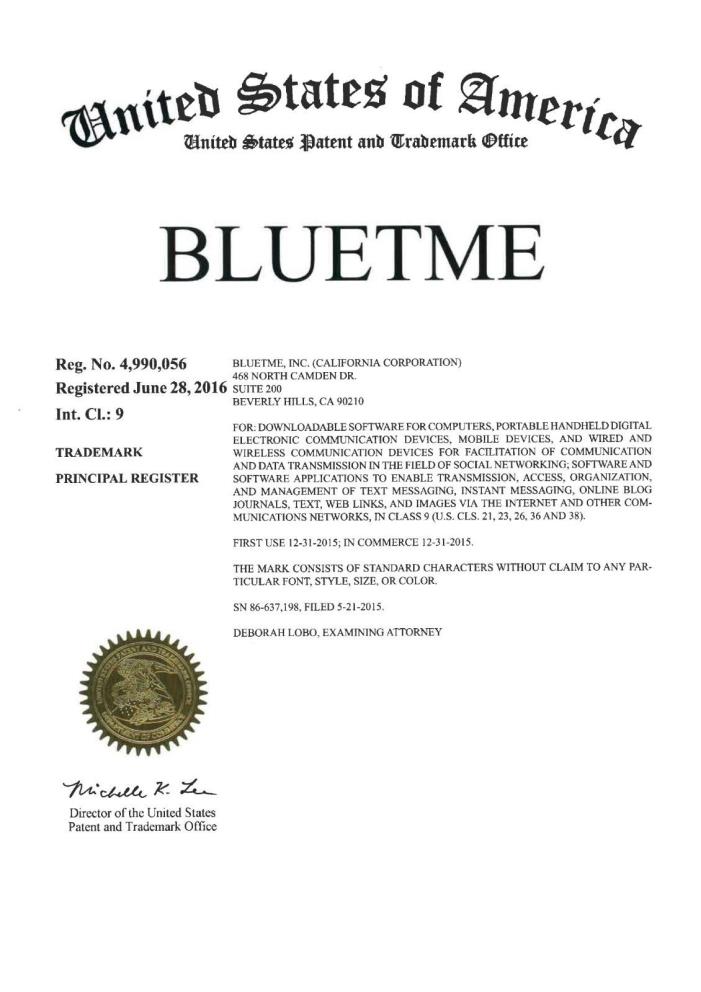 Bluetme Trademark Registered US (USPTO) and EU (EUIPO) FOR SALE