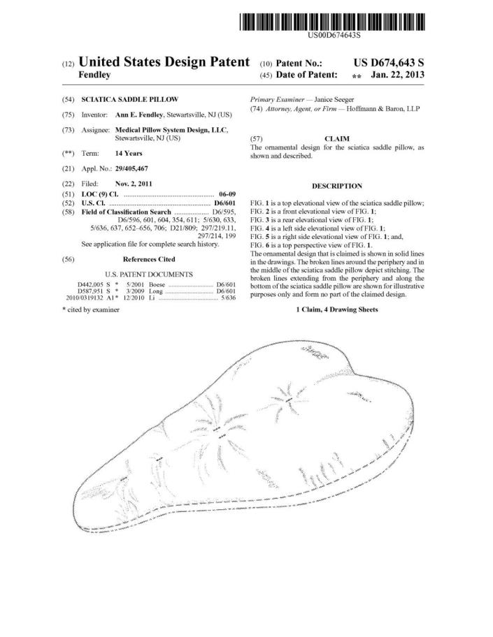Patent US D674643 Sciatica Saddle Pillow. Thousands already sold!