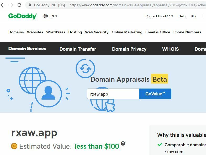 RxAW™ > dot APP registered Domain Present GoDaddy value less than $100.00