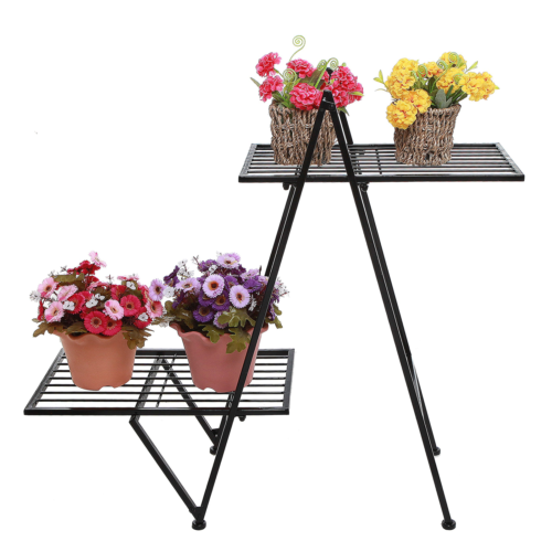 Modern 2 Tier Black Metal Designer Plant Stand/Freestanding Patio Decor Flower