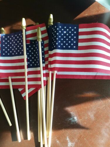 10 Count 4 By 6 Inch Fabric American Flags With Wood Sticks