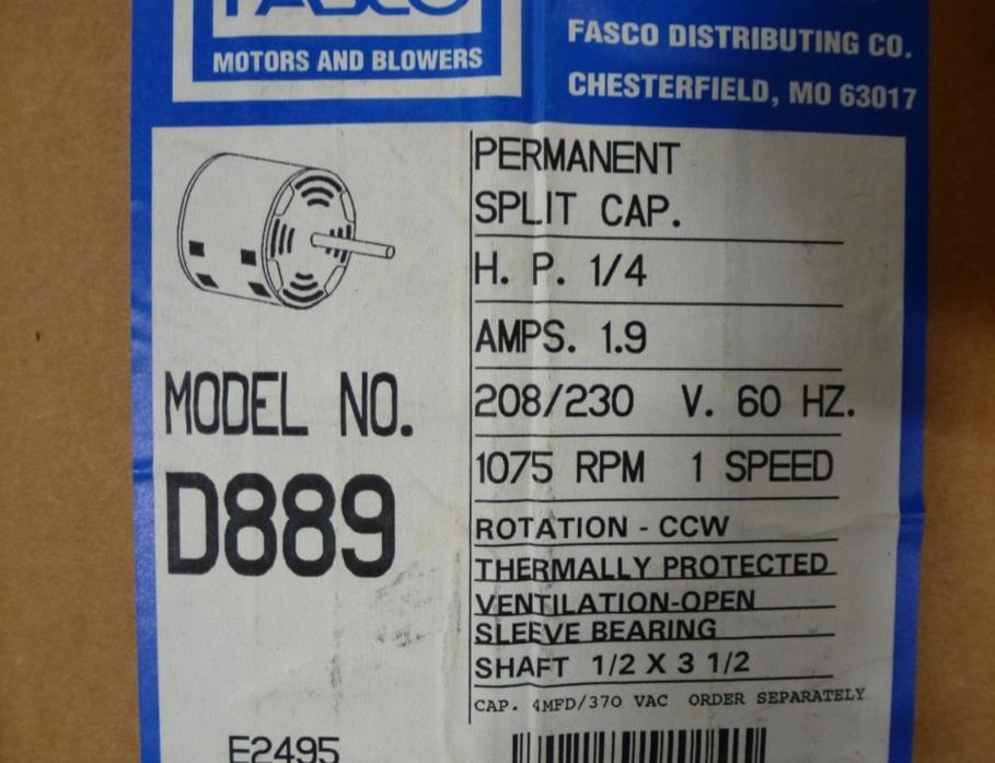 FASCO D889 Perm Split CAP Motor, CCW, 1/4 HP, 1075 rpm, Sleeve
