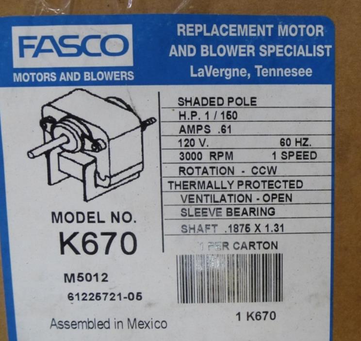 Fasco K670 C-Frame Motor, 1/150 HP, Split-Phase, 3000 RPM, 120V