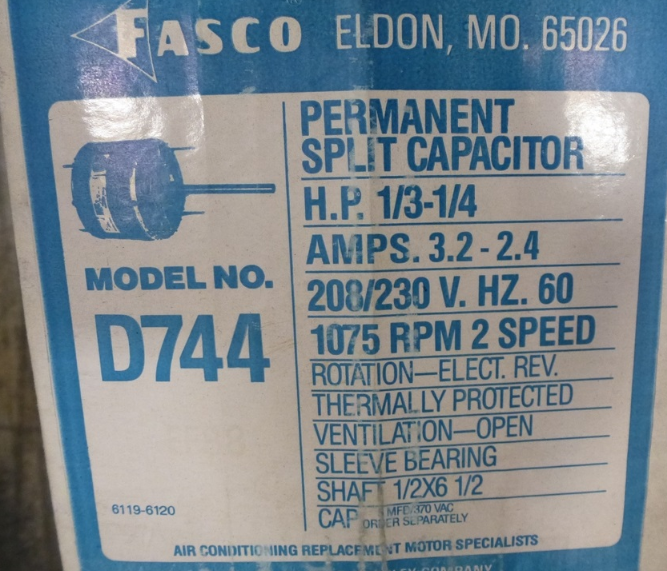 Fasco D744 Condenser Motor, 1/3, 1/4 HP, PSC, 1075 RPM, 208-230V
