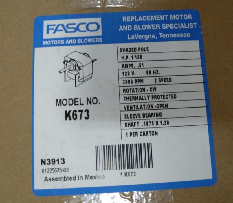 Fasco K673 C-Frame Motor, 1/150 HP, Split-Phase, 3000 RPM, 120V free shipping
