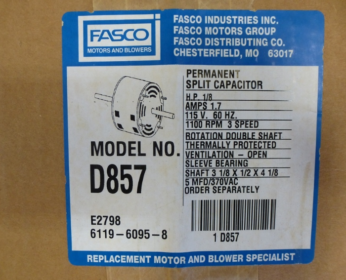 New FASCO HVAC SPLIT CAP MOTOR D857 1/8HP 115V 1100RPM 60HZ FREE SHIPPING