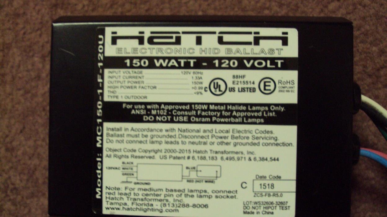 Hatch MC150-1-F-120U - 150 Watt - 120 Volt - Electronic Metal Halide Ballast