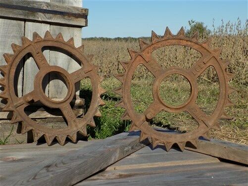 2 Gears Cast Iron Industrial Age Steampunk Factory Flywheel Machine Decor Art bk