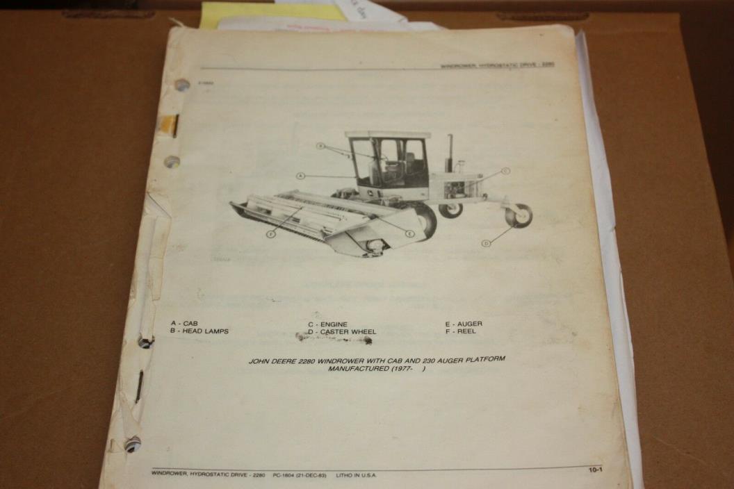 John Deere 2280 Hydrostatic Drive Windrower Parts Catalog Manual PC-1604